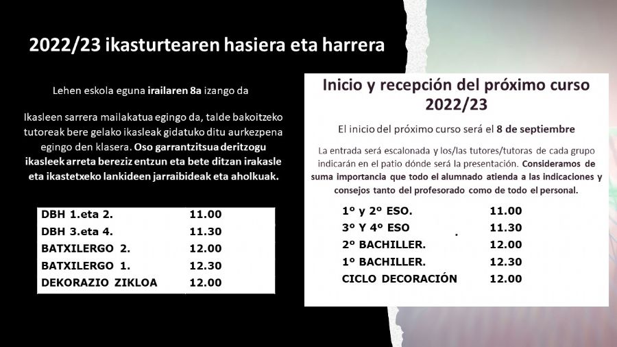 INICIO Y RECEPCIÓN DEL PRÓXIMO CURSO 2022/23